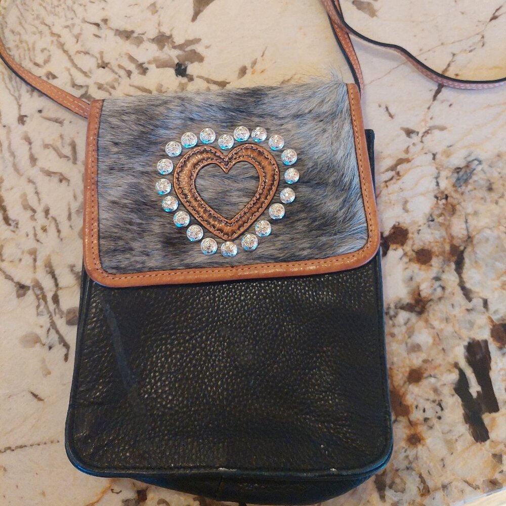 Montana Cowhide and leather crossbody small purse with interior zipper pocket